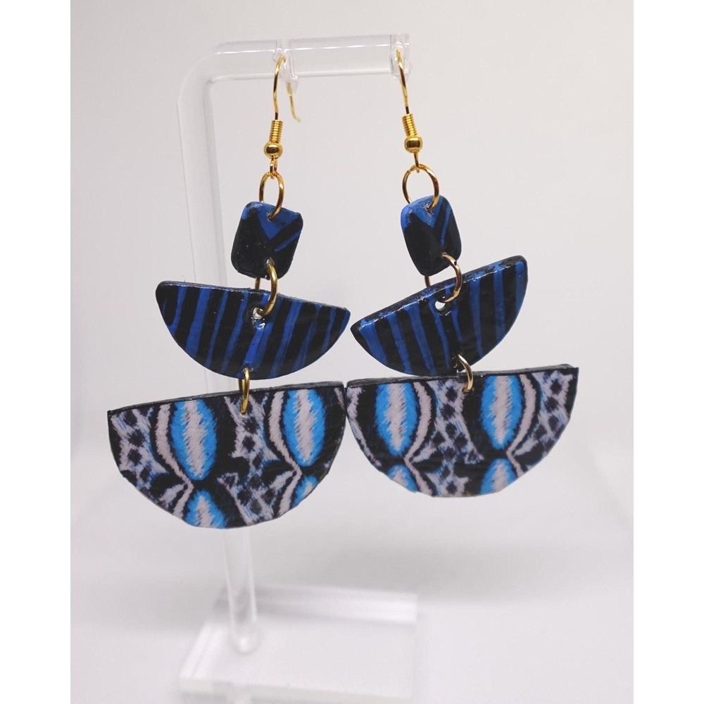 Indigo Mud Cloth Polymer Clay Statement Earrings, Boho‎ Art Dangle, Artisan